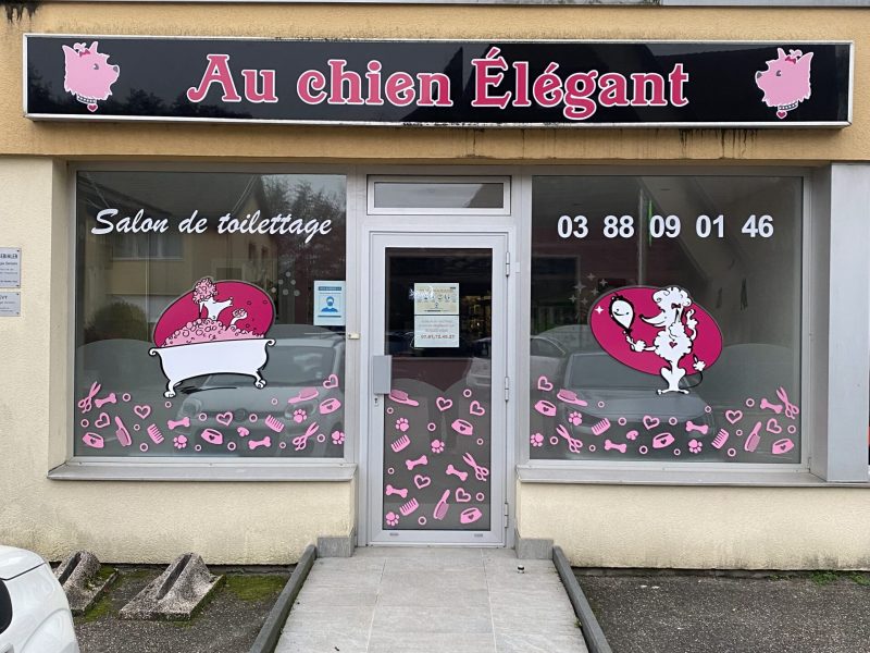 Décoration de vitrines avec un film dépoli et adhésifs teintés masses ainsi que le re flocage du caisson lumineux