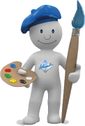 Notre mascotte : petit bonhomme avec palette de peinture et pinceau